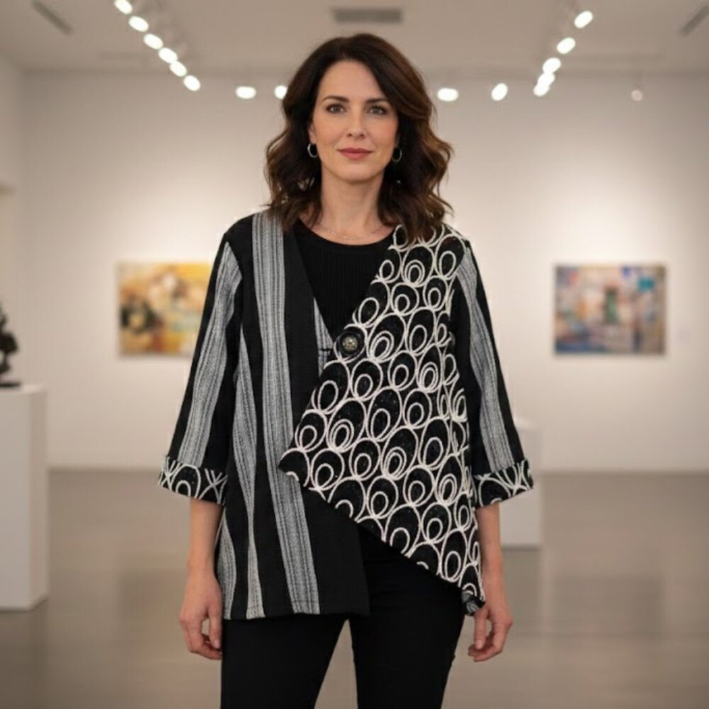 Sterling Styles NEW Vtg Artsilk to wear black white embroidered Jacket one size